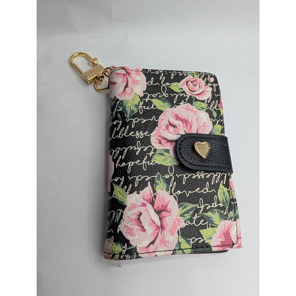 Betsey Johnson Floral Script Wallet Keychain ID Card Holder Pink Roses Black